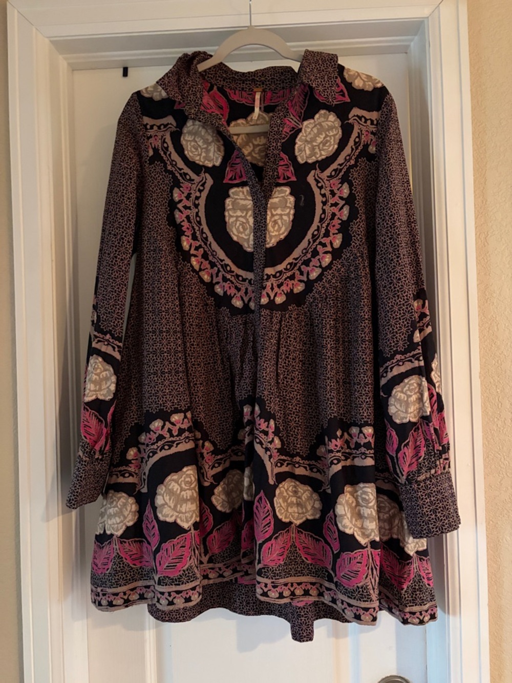 Free People Boho Floral Tunic Dress in Black, Pink & Cream
